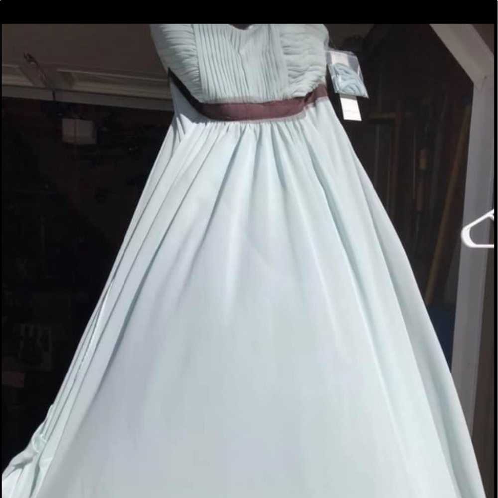 Long light blue dress with brown belt. Size 12